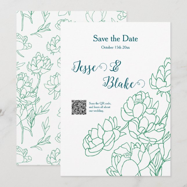 Invitación Boda de flores de peones de mano verde (Anverso / Reverso)