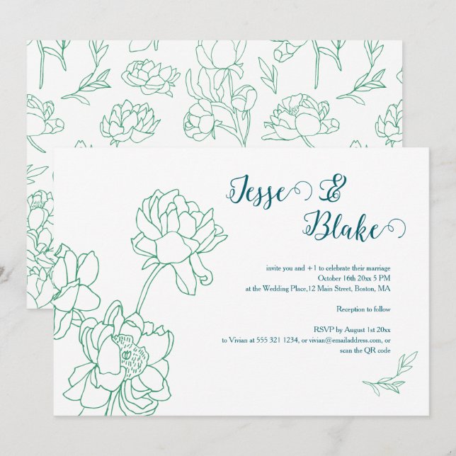Invitación Boda de flores de peones de mano verde (Anverso / Reverso)