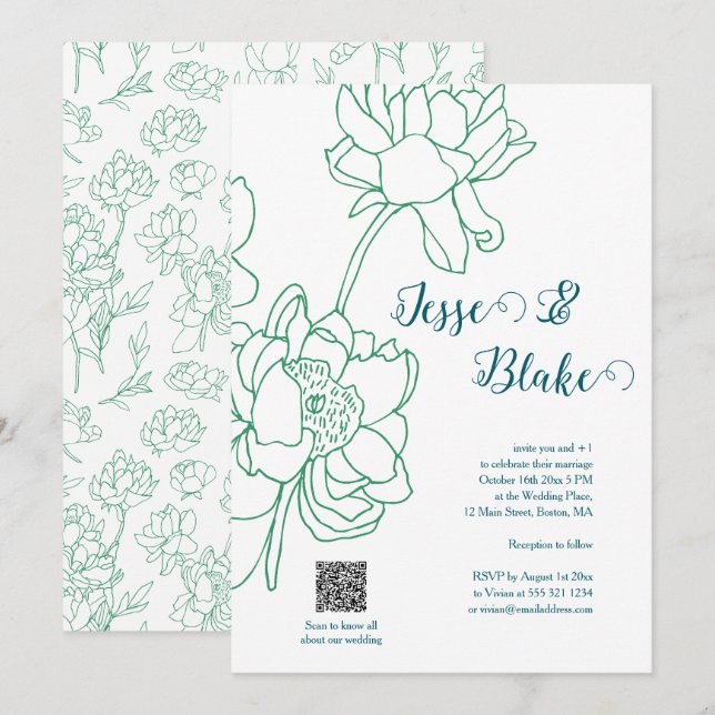 Invitación Boda de flores de peones de mano verde (Anverso / Reverso)