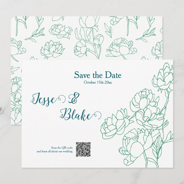 Invitación Boda de flores de peones de mano verde (Anverso / Reverso)