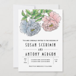 Invitación Boda de flores de peonía azules rosadas pastel vin
