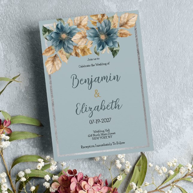 Invitación Boda de flores de plata azul mauve azul (Botanic mauve blue brown silver floral Wedding )