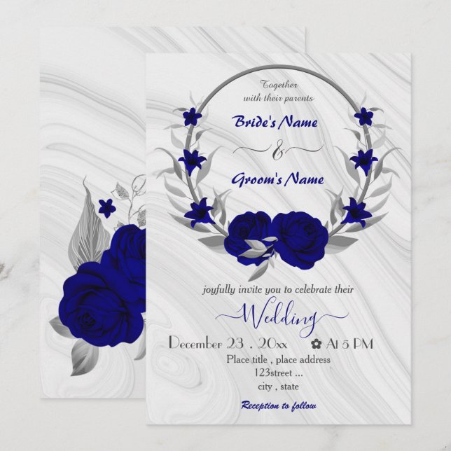 invitación boda de flores de plata azul real flore (Anverso / Reverso)