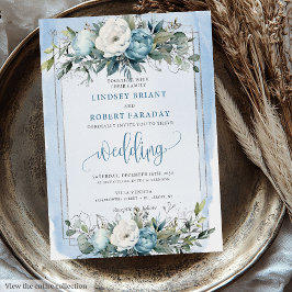 Invitación Boda de Flores de Plata Blanca Azul Pastel Románti