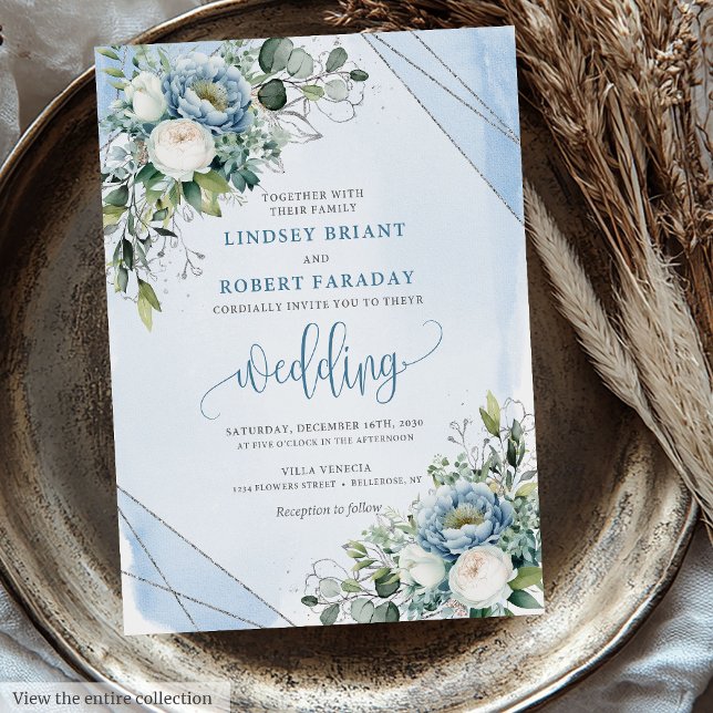 Invitación Boda de flores de plata blanca y azul de lujo (Luxury Dusty Blue White Silver Flowers Wedding Invitation)