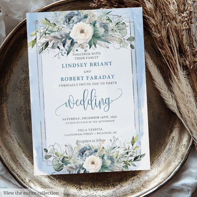 Invitación Boda de flores de plata blanca y azul pastel de es (Stylish Pastel Blue White Silver Flowers Wedding Invitation)