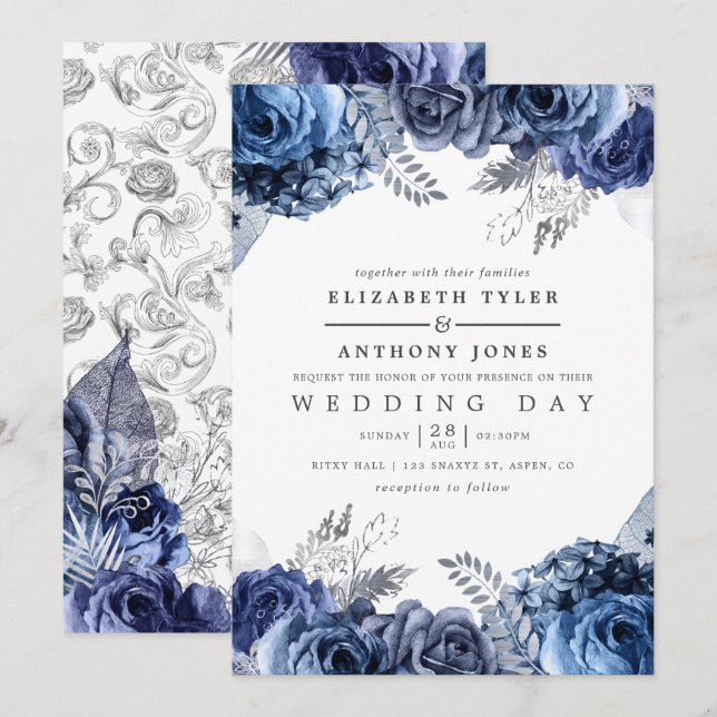 Invitación Boda de flores de plata con azul marino y blanco (Anverso / Reverso)
