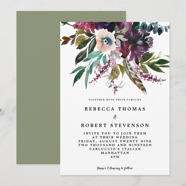 Invitación boda de flores de plumas de plumas violetas de boh (Anverso / Reverso)