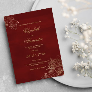 Invitación Boda de flores de Relieve metalizado burdeos elega