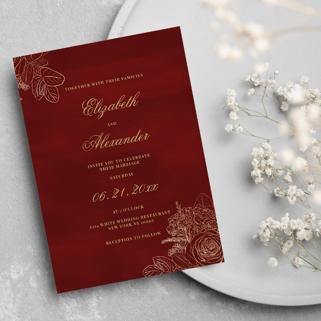 Invitación Boda de flores de Relieve metalizado burdeos elega (Classic elegant burgundy gold foil flowers wedding)
