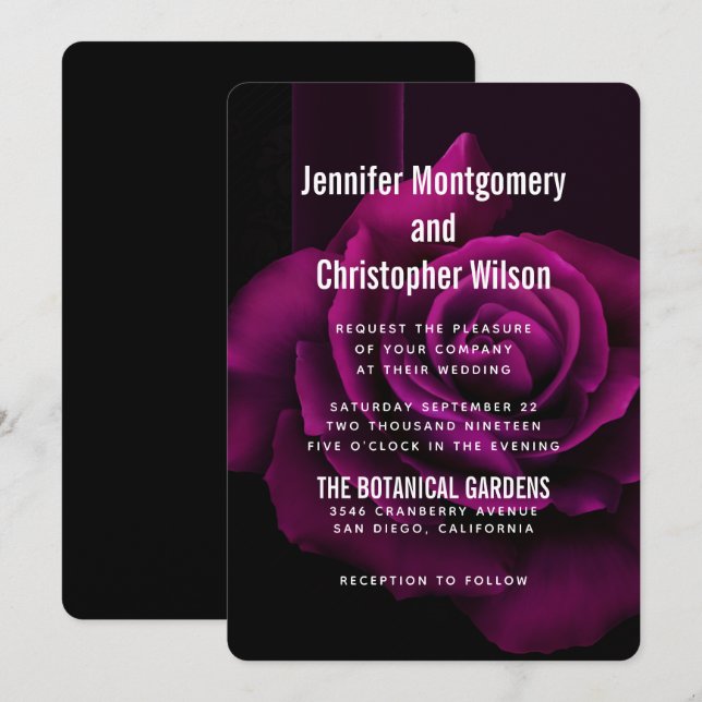 Invitación Boda de flores de rosa morado gótico-rojo (Anverso / Reverso)