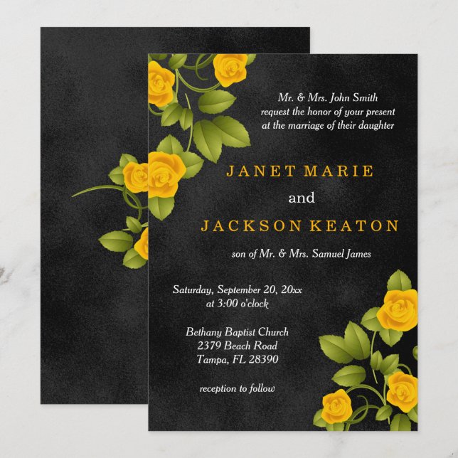 Invitación Boda de flores de rosa negro y amarillo (Anverso / Reverso)