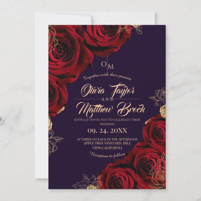 Invitación Boda de flores de rosa roja violeta y dorada ⎮ (Anverso)