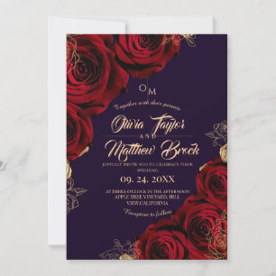 Invitación Boda de flores de rosa roja violeta y dorada ⎮