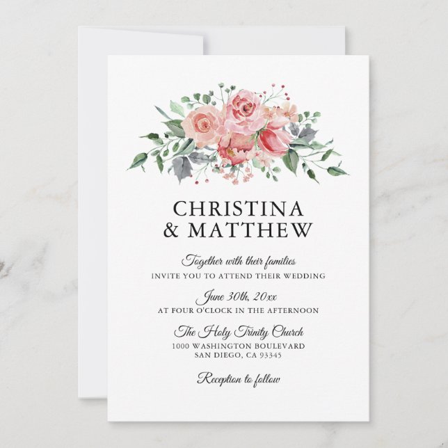 Invitación Boda de flores de rosa rosado floral acuarela (Anverso)