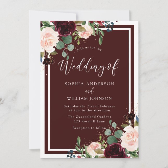 Invitación Boda de flores de Rubor y vino rojo de borgoña (Anverso)