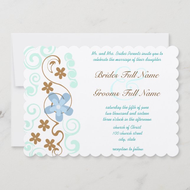 Invitación Boda de Flores de Swirl Mint Blue & Brown (Anverso)