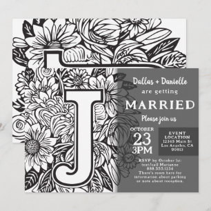 Invitación Boda de Flores de Tatuaje Monograma J en Blanco y