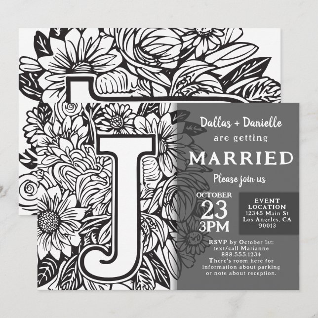Invitación Boda de Flores de Tatuaje Monograma J en Blanco y  (Anverso / Reverso)