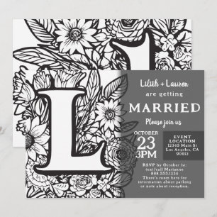 Invitación Boda de Flores de Tatuaje Monograma L en Blanco y