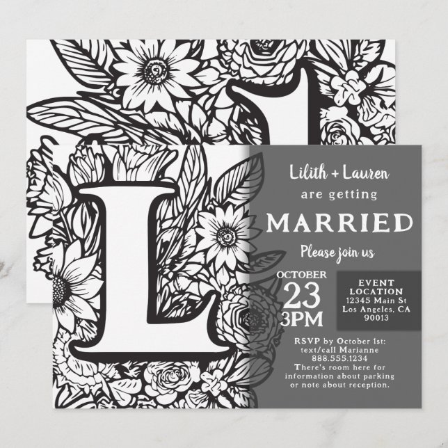 Invitación Boda de Flores de Tatuaje Monograma L en Blanco y  (Anverso / Reverso)