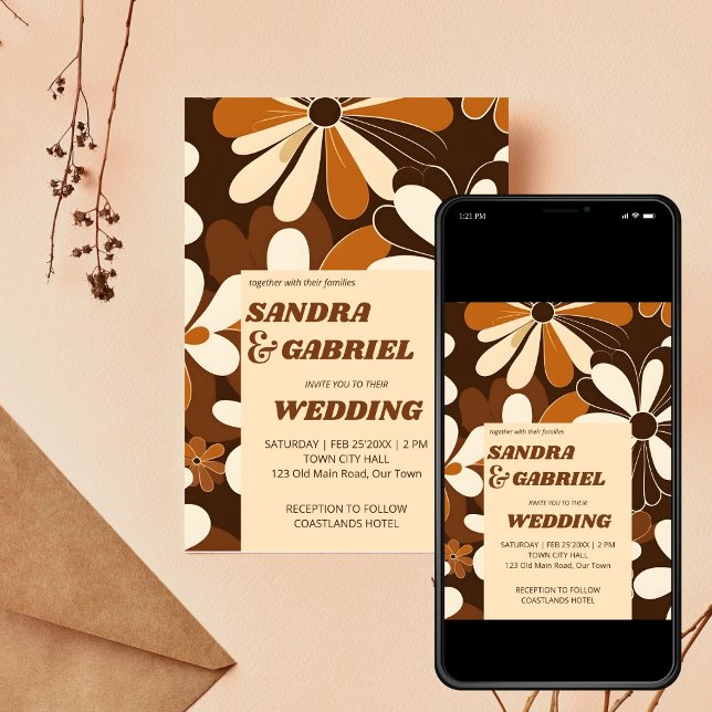 Invitación Boda de flores de terracota retro 70 (Retro 70ies terracotta brown daisy flowers editable template wedding invitation digital download )
