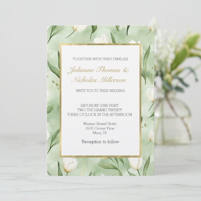 Invitación Boda de flores de tulipán blancas verdes bonitas (Anverso de pie)