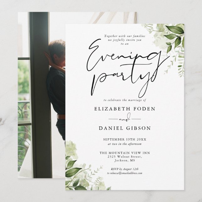 Invitación Boda de flores de vegetación Foto Fiesta nocturna (Anverso / Reverso)