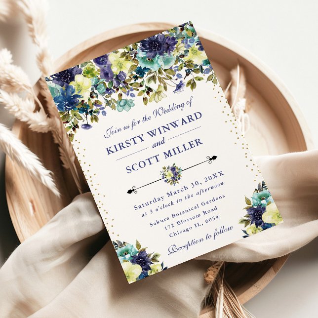 Invitación Boda de flores de verano azules y marinos (Subido por el creador)