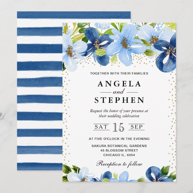 Invitación Boda de Flores de Verano en Acuarela Azul (Anverso / Reverso)