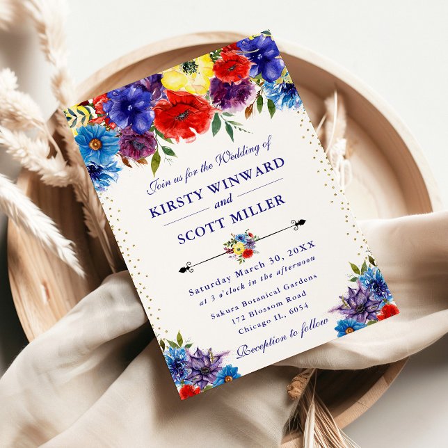 Invitación Boda de Flores de Verano Rojas, Moradas y Azules (Subido por el creador)