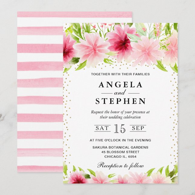 Invitación Boda de flores de verano rosa acuarela (Anverso / Reverso)