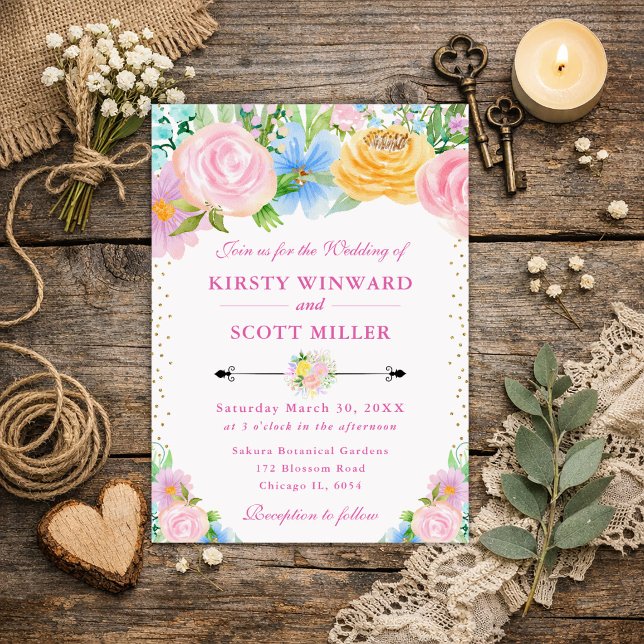 Invitación Boda de flores de verano rosadas y amarillas (Subido por el creador)