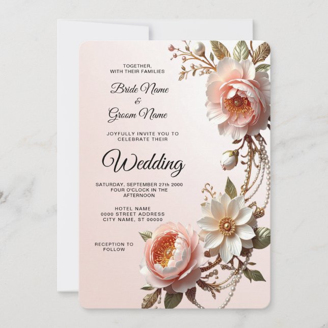 Invitación Boda de flores decorativas rosadas y blancas (Anverso)