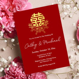 Invitación Boda de flores del círculo de doble felicidad dora