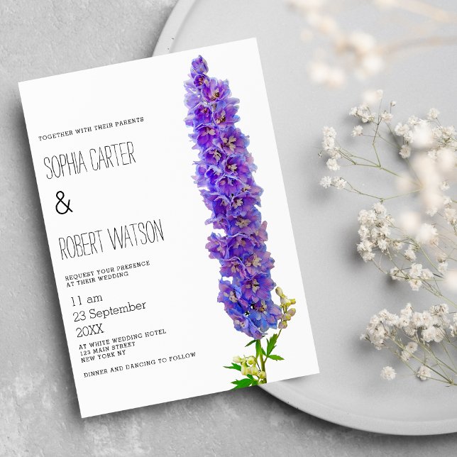 Invitación Boda de flores delfino morado de lavanda de campo (Country lavender purple delphinium flower wedding )