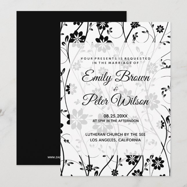 Invitación Boda de flores delicadas negras elegantes (Anverso / Reverso)