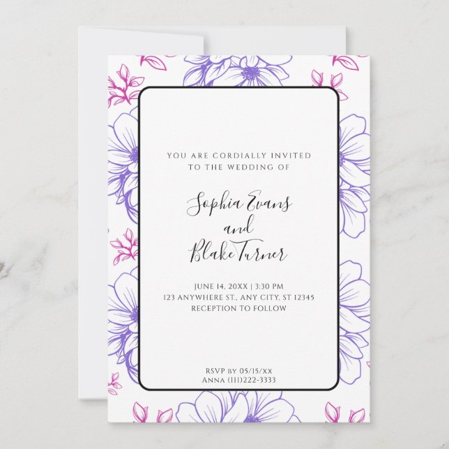Invitación Boda de flores dibujadas con líneas simples de col (Anverso)