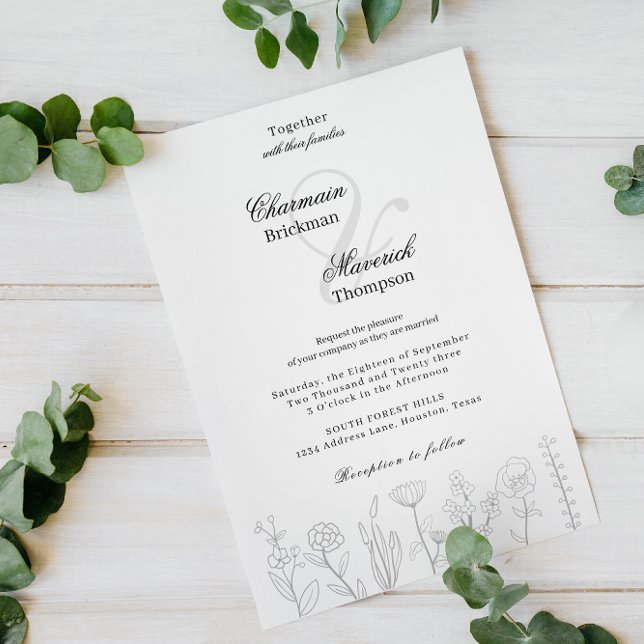 Invitación Boda de flores dibujadas de mano negra y blanca (Subido por el creador)