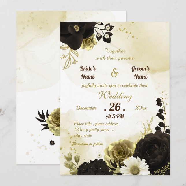 Invitación Boda de flores doradas de marfil marrón asombroso (Anverso / Reverso)
