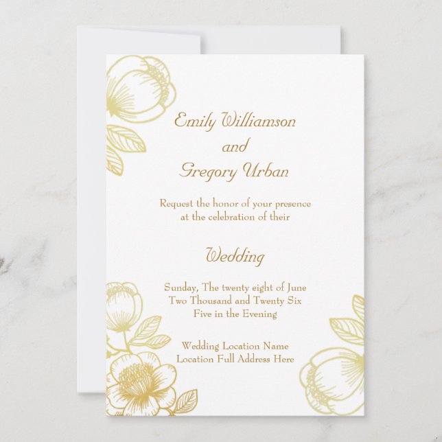 Invitación Boda de flores doradas elegantes (Anverso)
