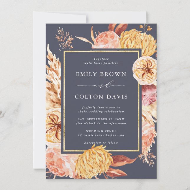 Invitación Boda de flores Dusty Purple Burgundy Terracotta (Anverso)