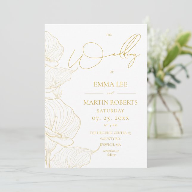 Invitación Boda de flores elegante blanco y dorado  (Anverso de pie)