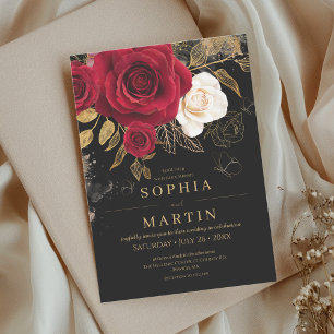 Invitación Boda de flores elegantes de Bohemia rojo rosas oro