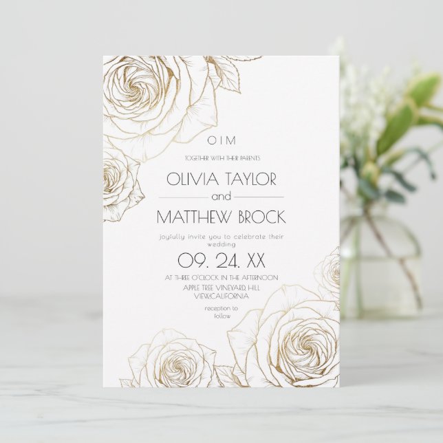 Invitación Boda de flores elegantes de oro Rosa  (Anverso de pie)