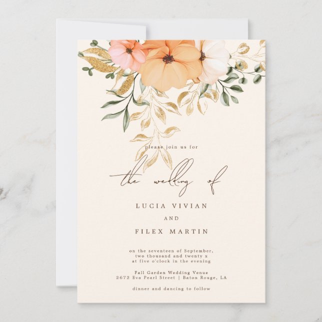 Invitación Boda de flores elegantes de otoño dorado (Anverso)