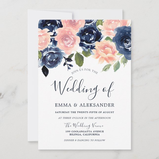 Invitación Boda de Flores Elegantes de Rubor y Marina (Anverso)