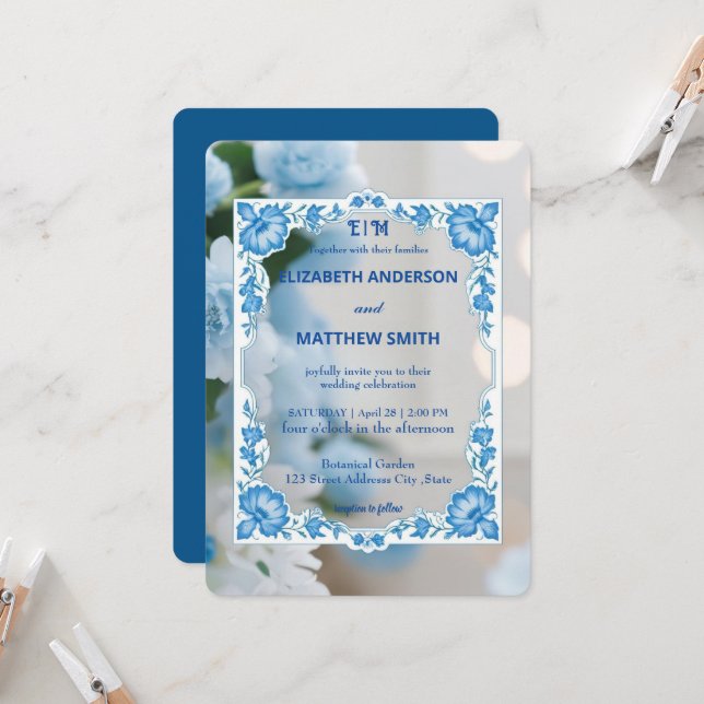 Invitación Boda de flores en monograma con escritura clásica  (Anverso/Reverso In Situ)