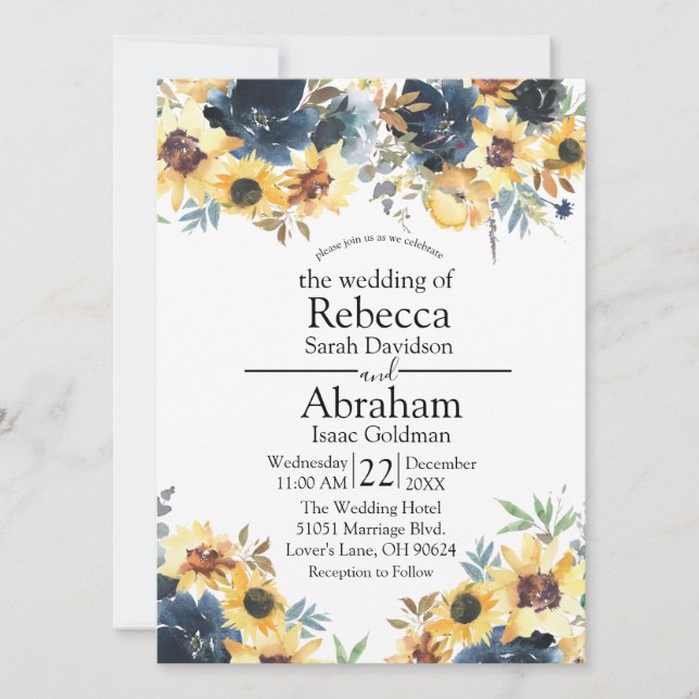 Invitación Boda de flores florales amarillas giras (Anverso)