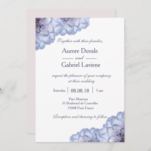 Invitación Boda de flores florales de lilo azul blanco (Anverso / Reverso)